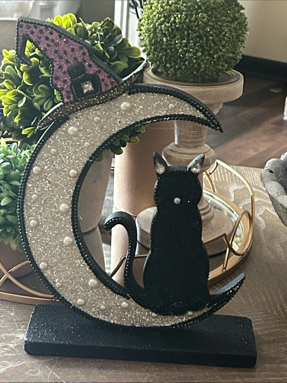 NEW! Vintage Inspired Beaded Black Halloween Witch Cat Sitting on Crescent Moon